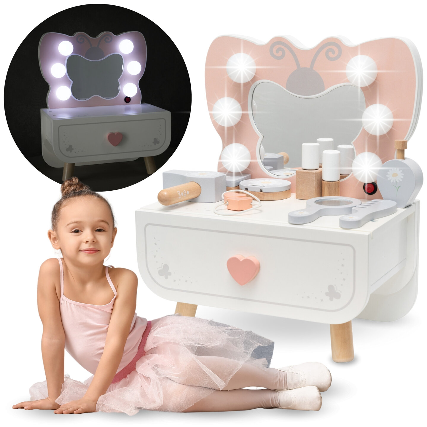 Mini toiletbord i træ med LED-belysning - Butterfly