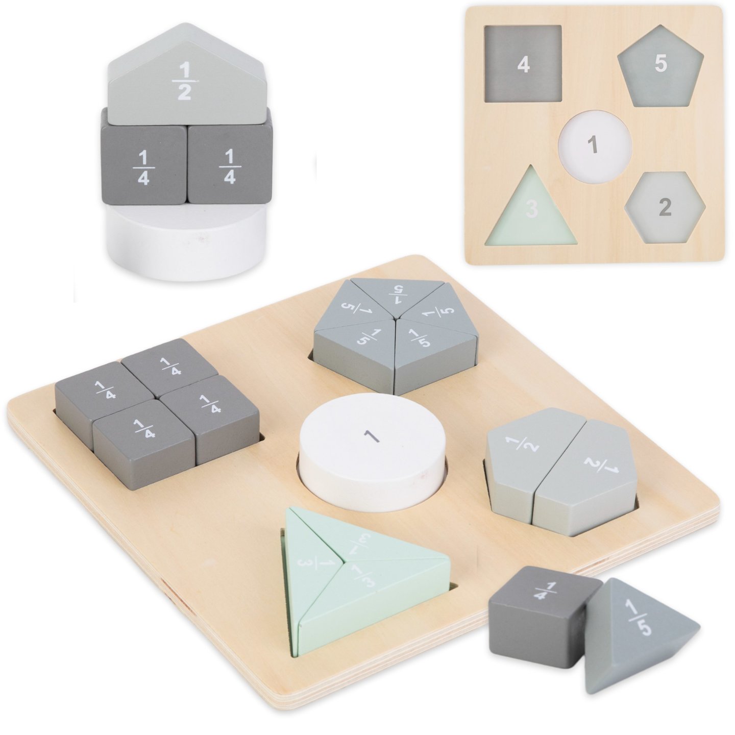 Puslespil i træ - Montessori-puslespil - Brøker og geometriske figurer