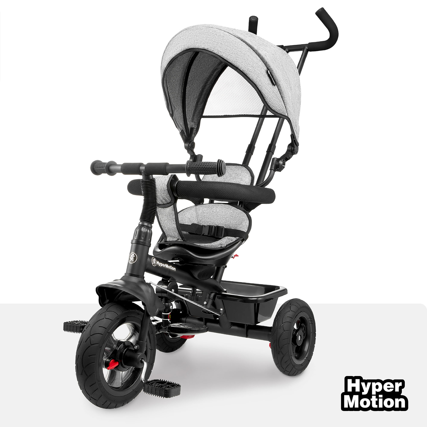 Trehjulet cykel til børn 1-4 år - TOBI FREY - grå farve - drejelig - pumpede hjul + skubber