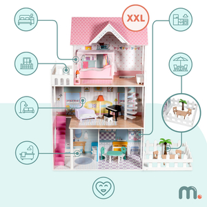 XXL Største dukkehus i træ - 123 cm - LED-belyst - terrasse, tilbehør, have