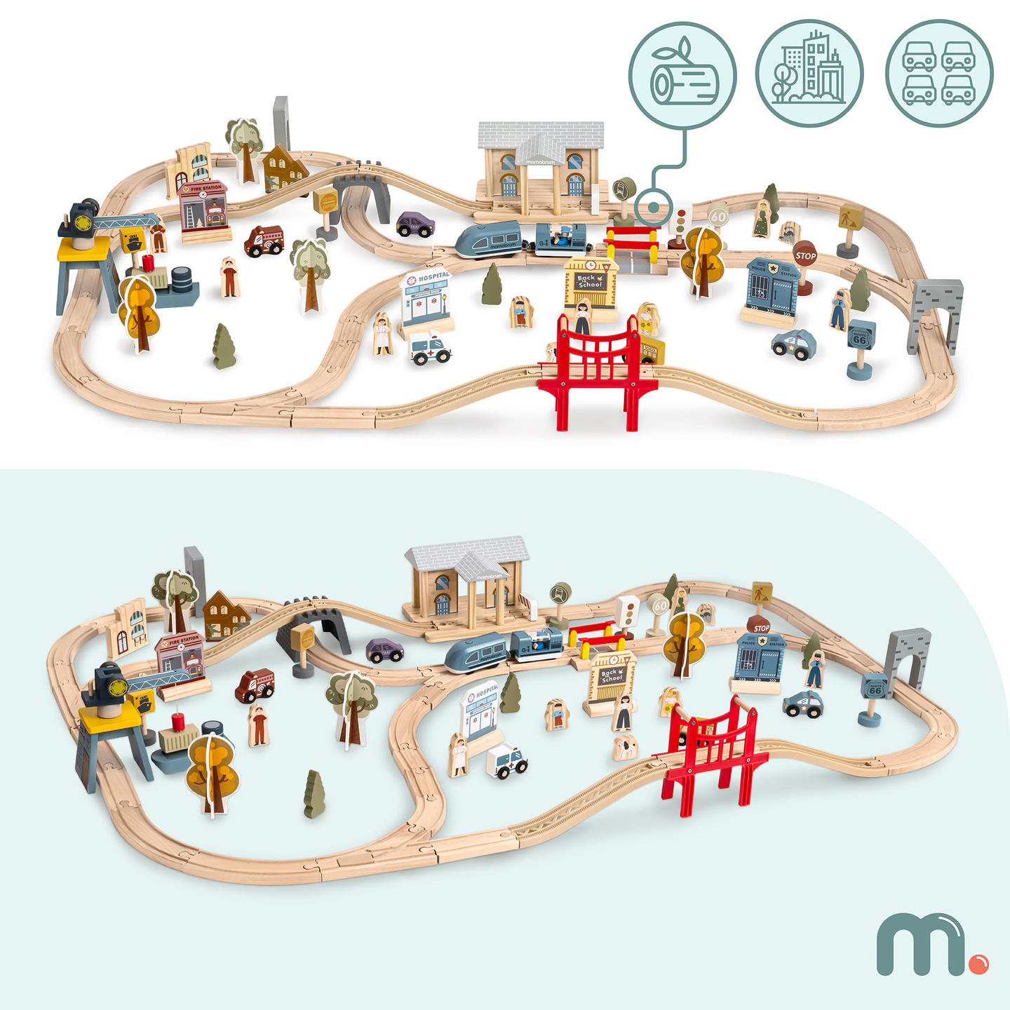 Træbane med elektrisk tog - flyttekran, skib, broer