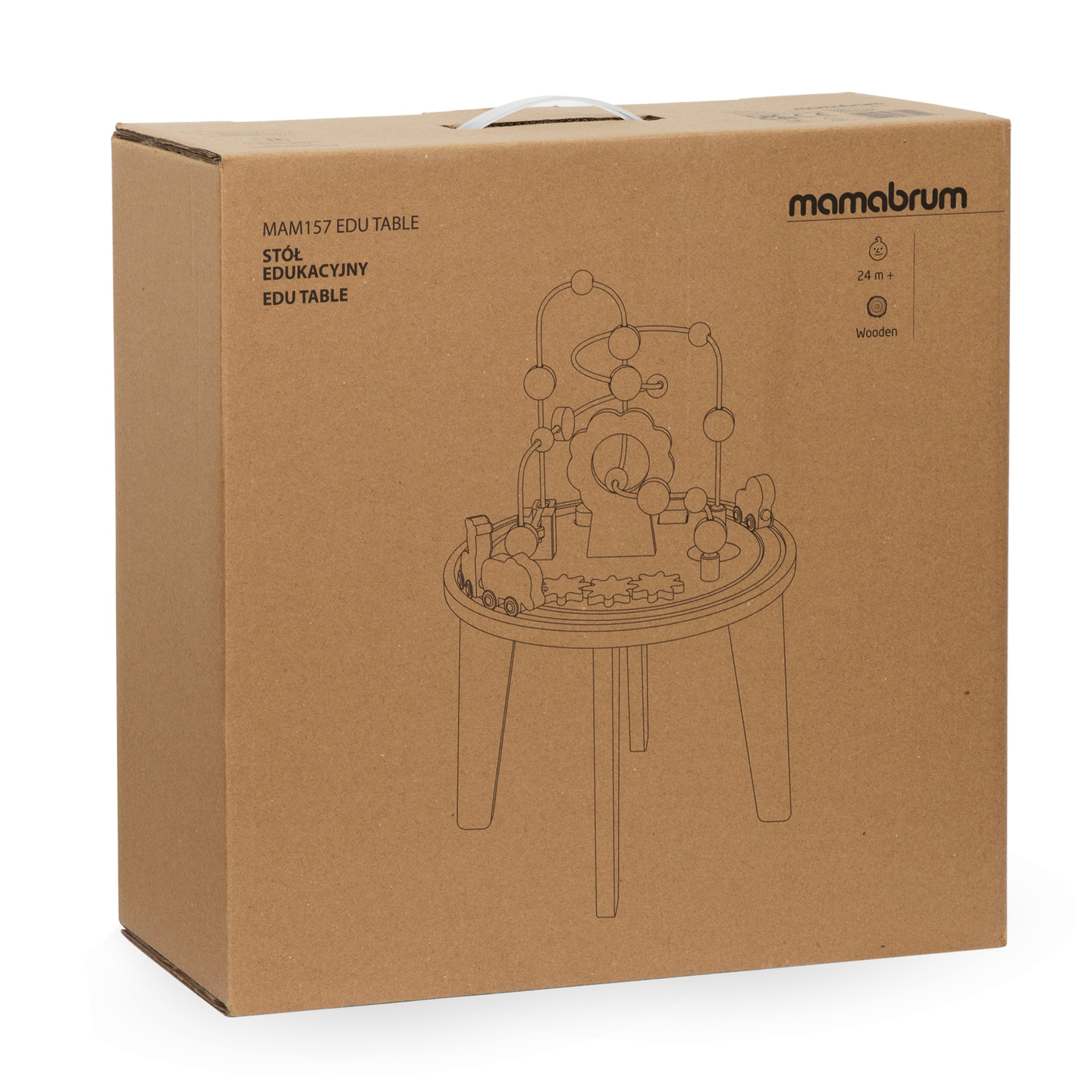 Rundt uddannelsesbord af træ med et magnetisk tog og en perlekaster