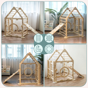 Indendørs trælegeplads til børn - et hus med stiger og rutsjebane