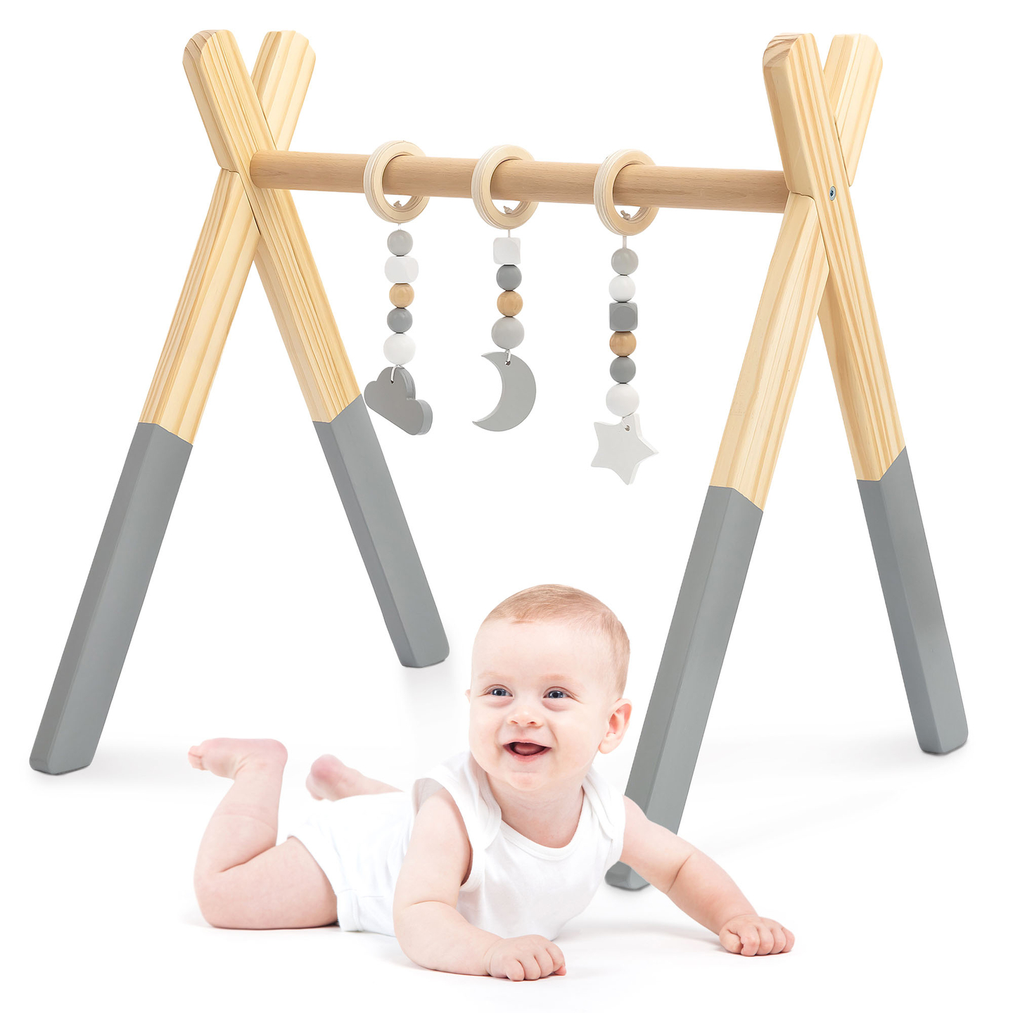 Baby Gym uddannelsesstativ i træ - farve grå