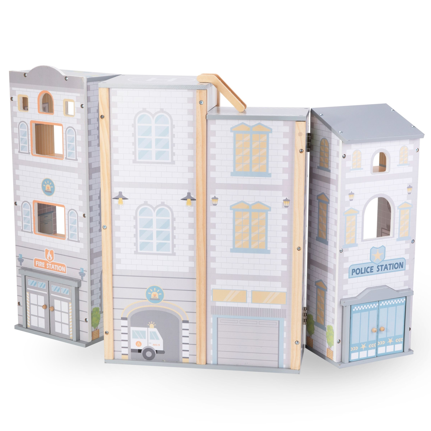Stor sammenklappelig brandstation med politistation - sæt i træ. Brandstation og politistation med tilbehør.