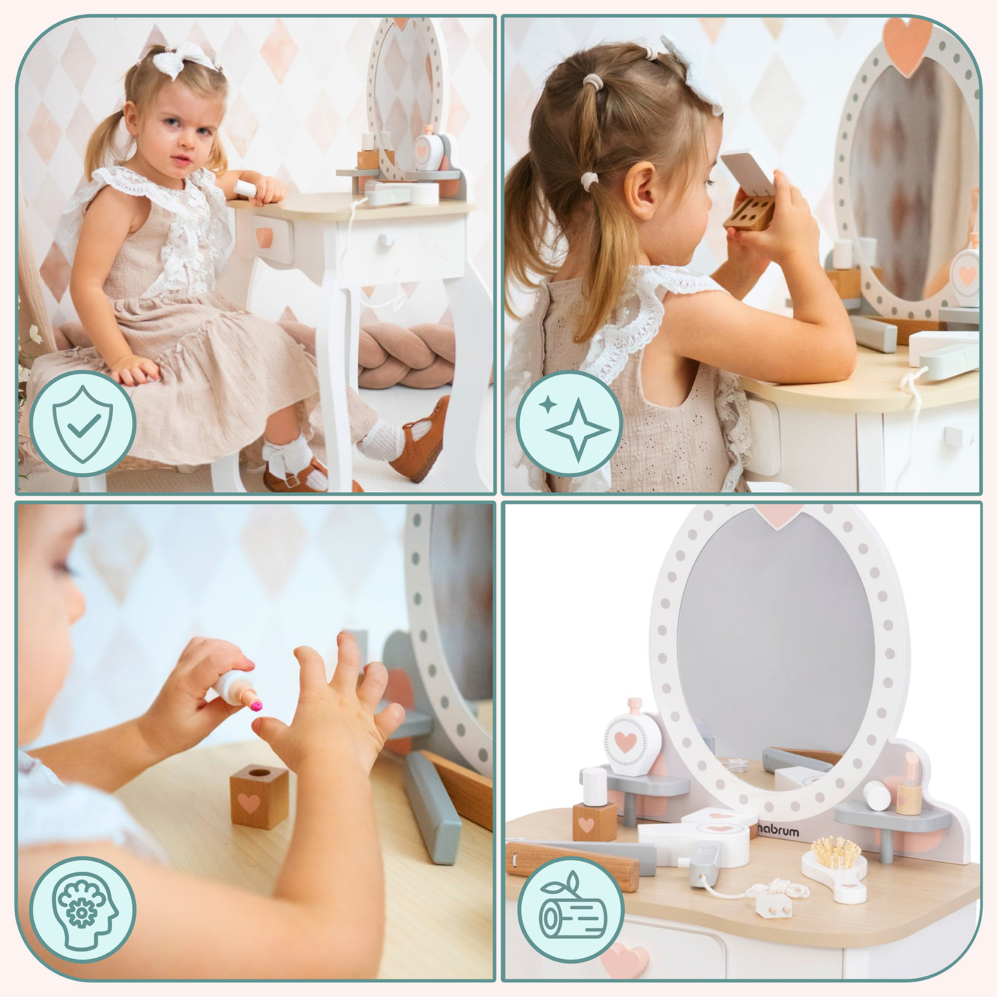 Toiletbord i træ med skammel og tilbehør