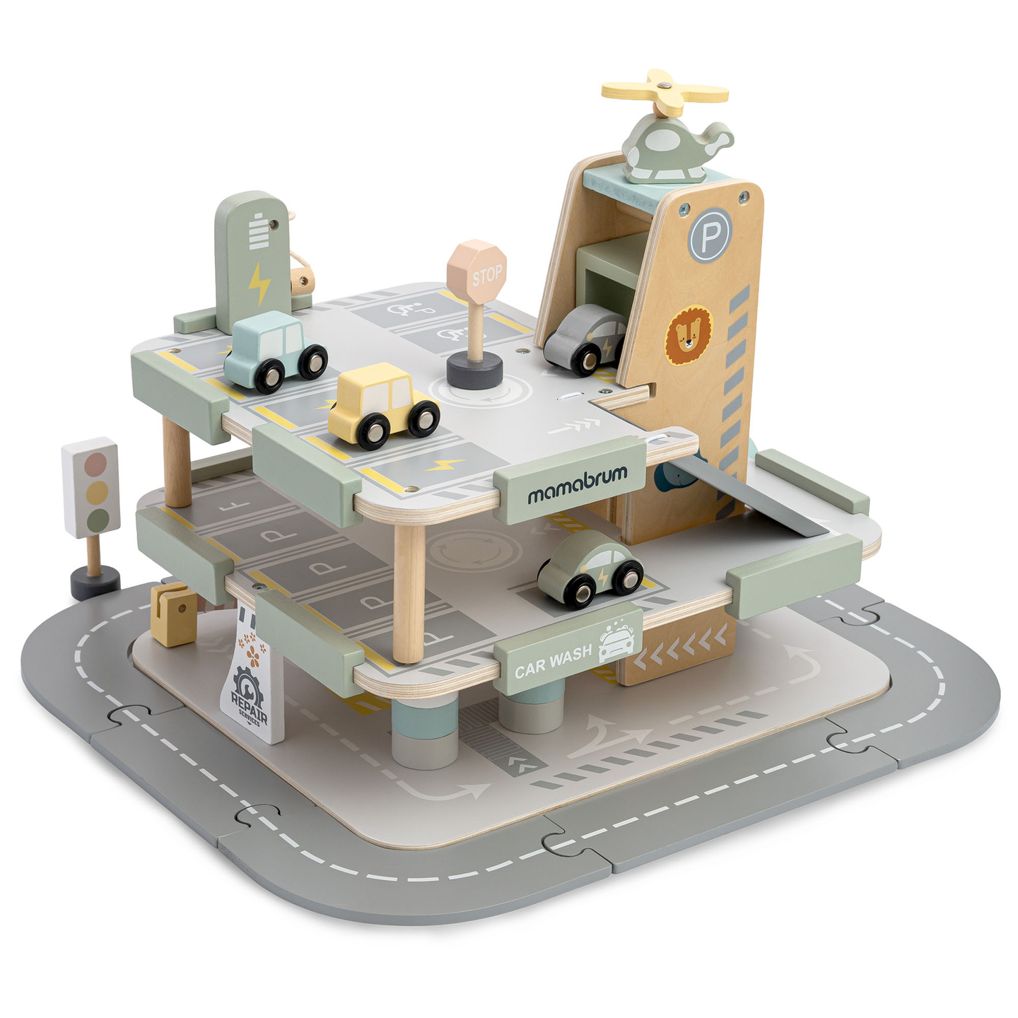 Trægarage i tre etager til børn med tilbehør – parkeringsplads, tankstation, bilvask, helikopter