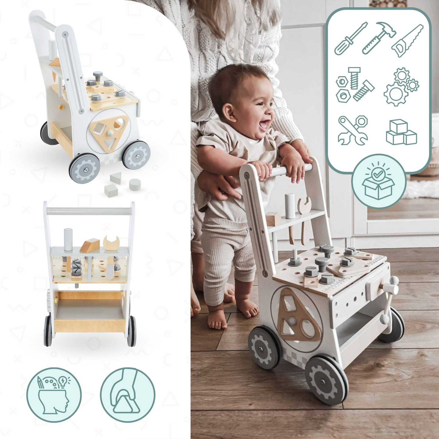 3-i-1 gåvogn, skubber + værksted i træ - 47 elementer