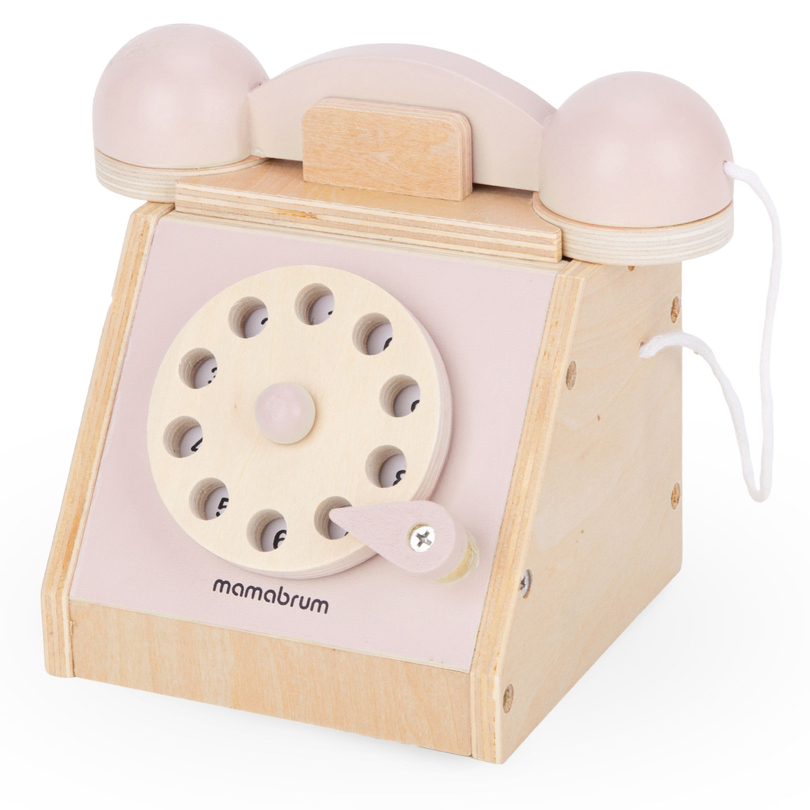 Retro telefon i træ - pastelrosa
