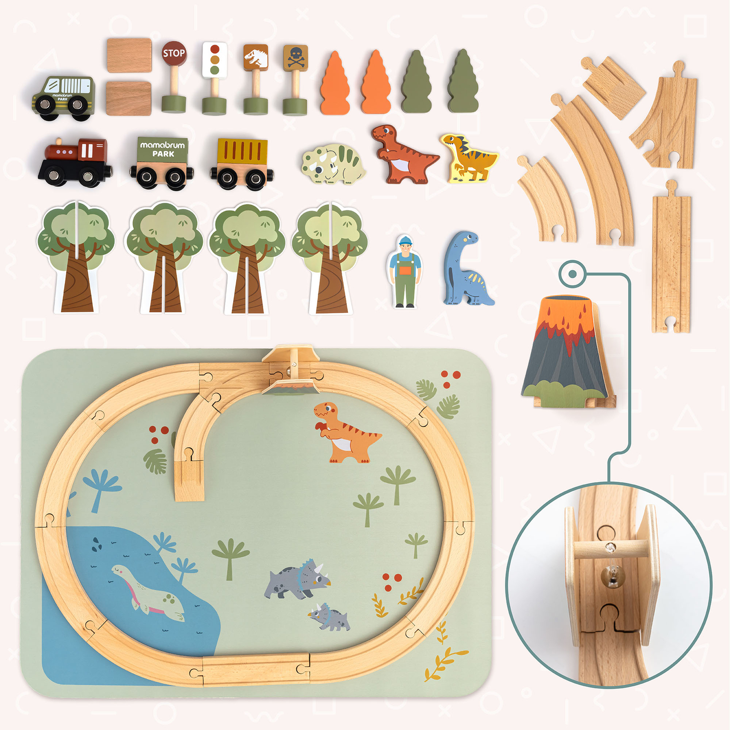 Dino Park trætog med skridsikker måtte - dinosaurer, tog, skinner, vulkan, klokke