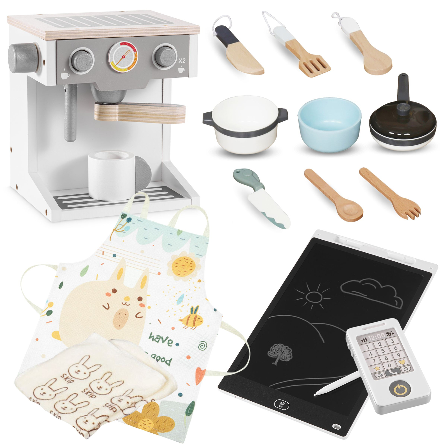 XXXXL stort interaktivt køkken i træ med LED-belysning, vaskemaskine, mikrobølgeovn, kaffemaskine og frugt- og grøntsagssæt - 50 elementer