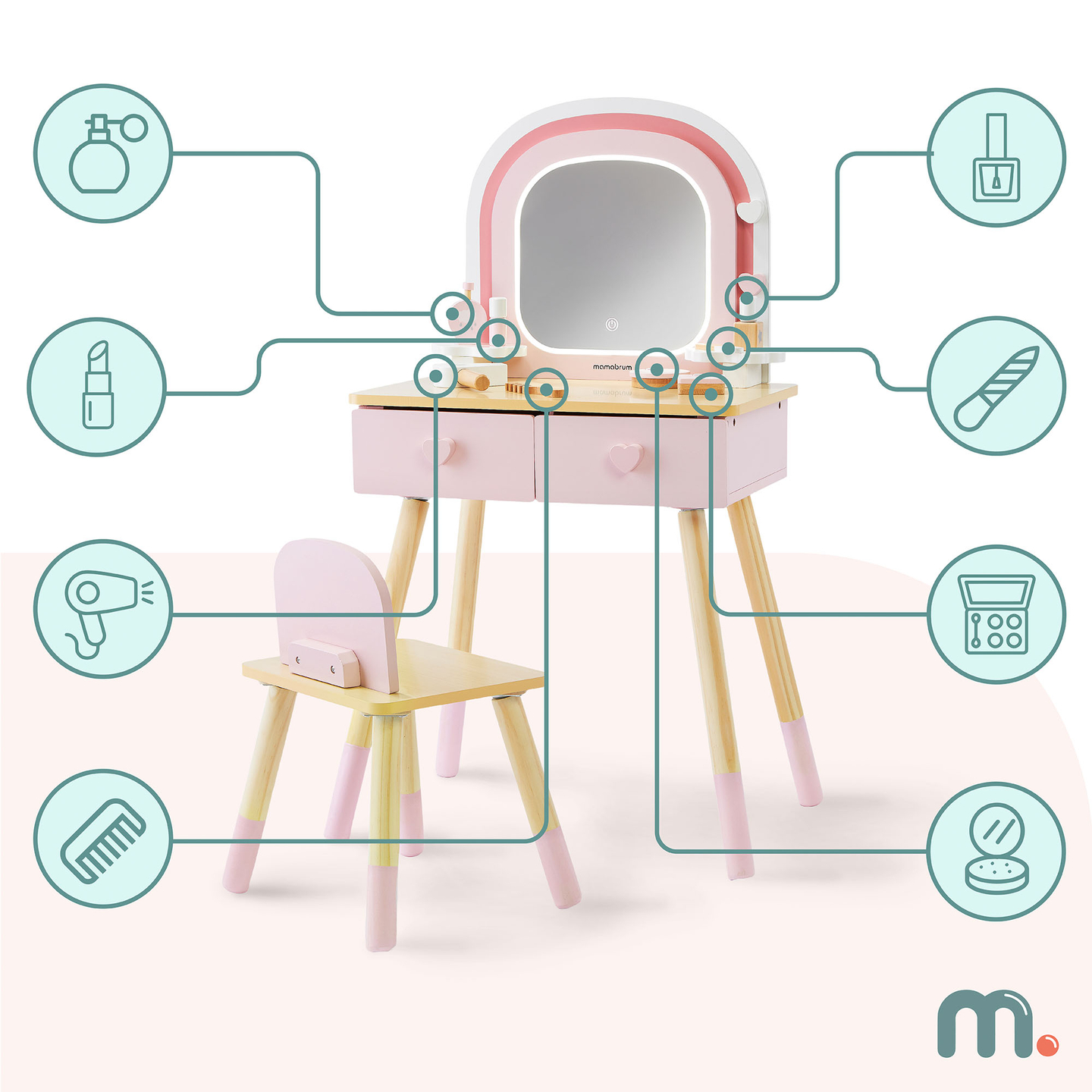 Træsminkebord til børn med LED-belysning med trinløs lysstyrkejustering, stol og tilbehør