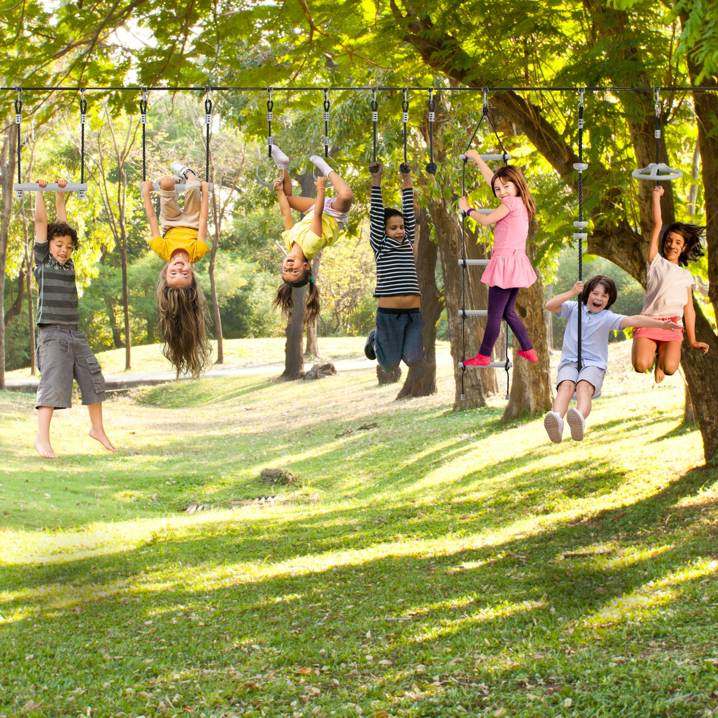 Ninja-forhindringsbane til børn - HyperMotion slackline-sæt - 10 forhindringer