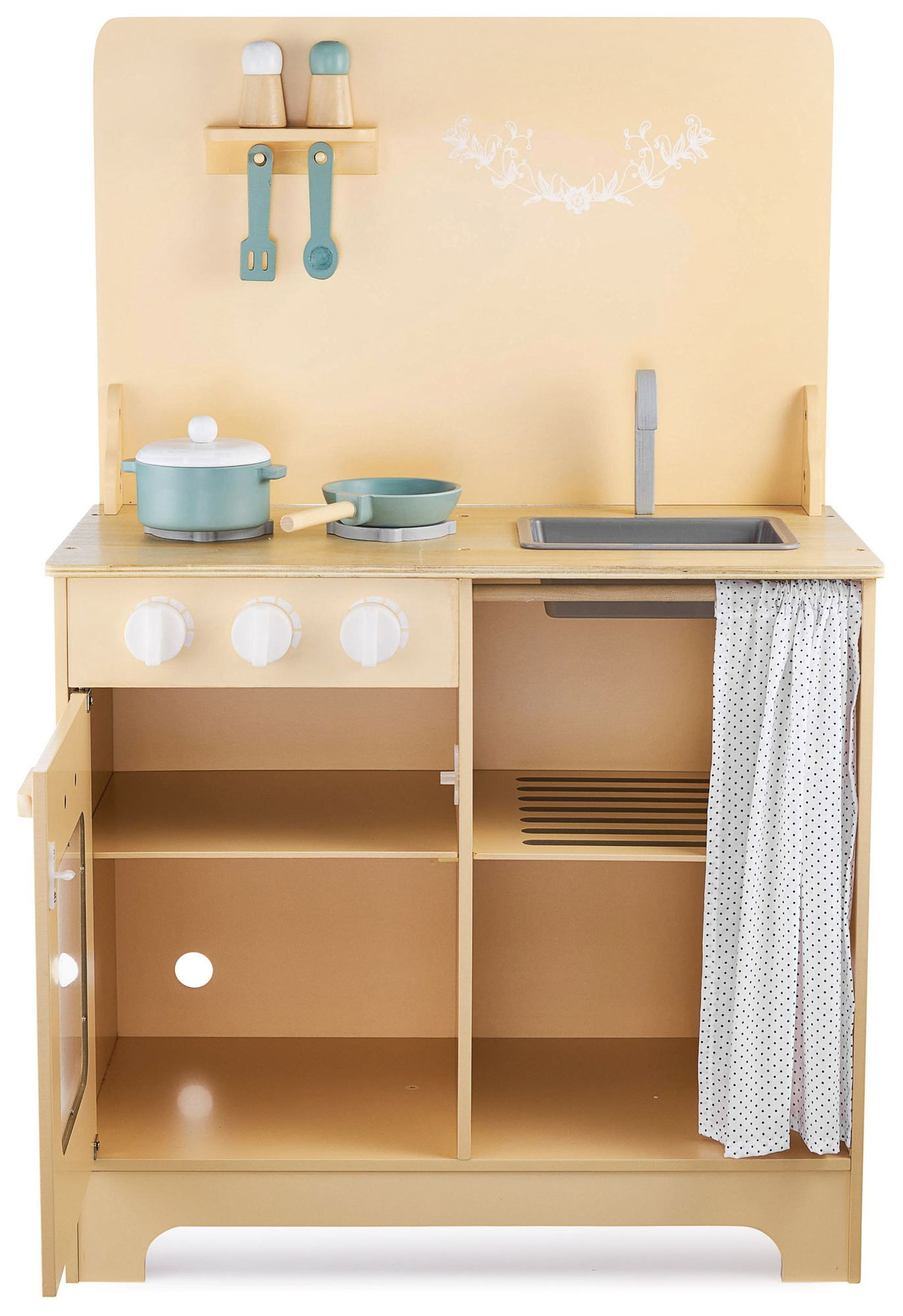 Trækøkken med forklæde, tilbehør og LED-belysning