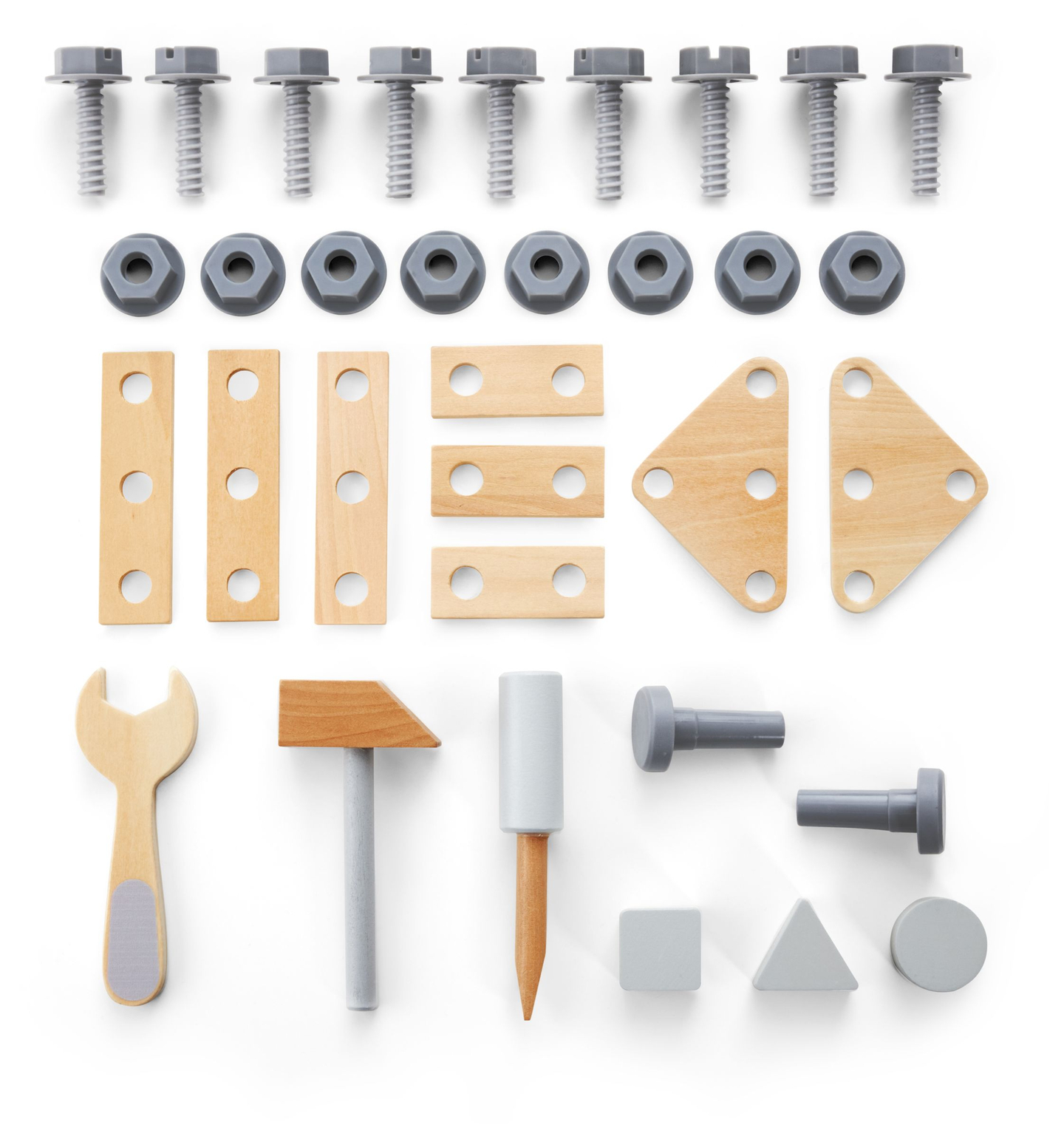 3-i-1 gåvogn, skubber + værksted i træ - 47 elementer