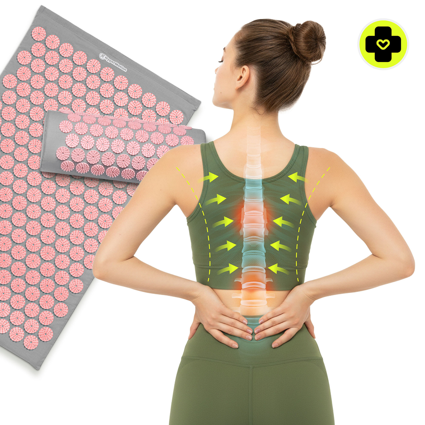 Akupressurmåtte med pude og betræk - 72 cm HyperMotion grå og pink