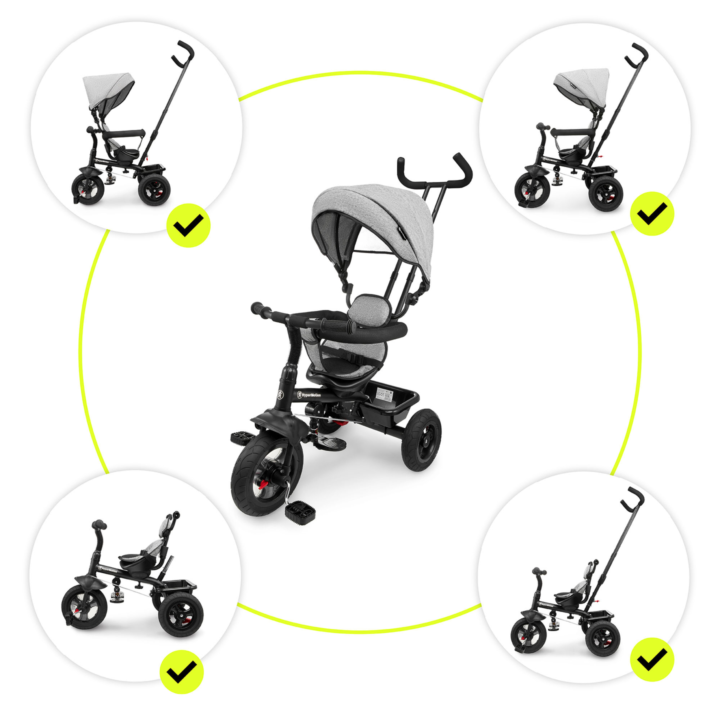 Trehjulet cykel til børn 1-4 år - TOBI FREY - grå farve - drejelig - pumpede hjul + skubber