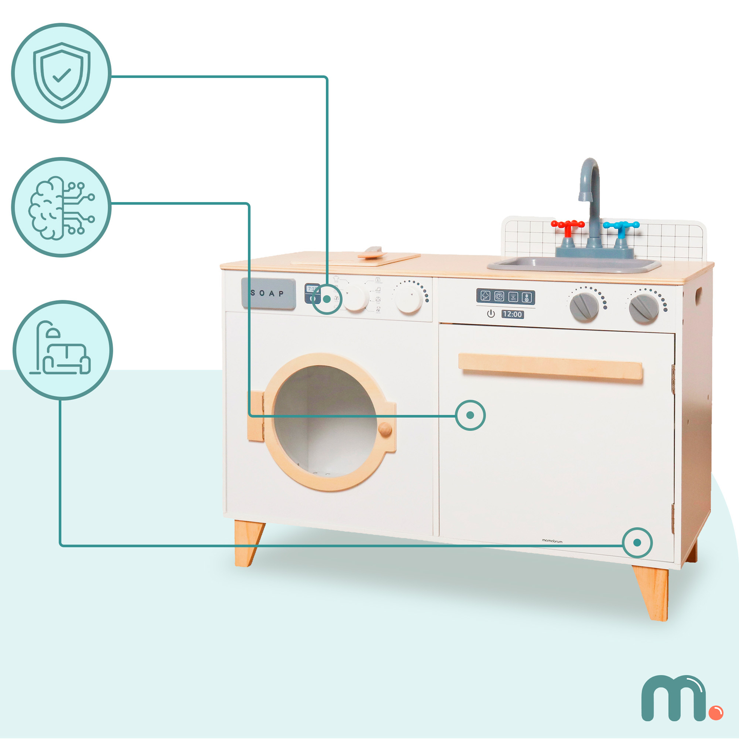 Vaskeri og køkken i træ - 2-i-1-hjemmesæt til børn