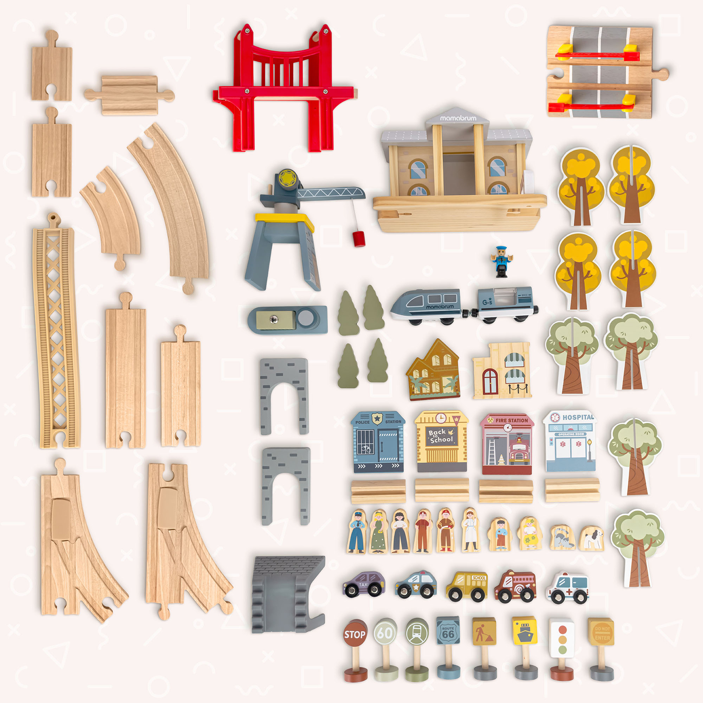 Træbane med elektrisk tog - flyttekran, skib, broer