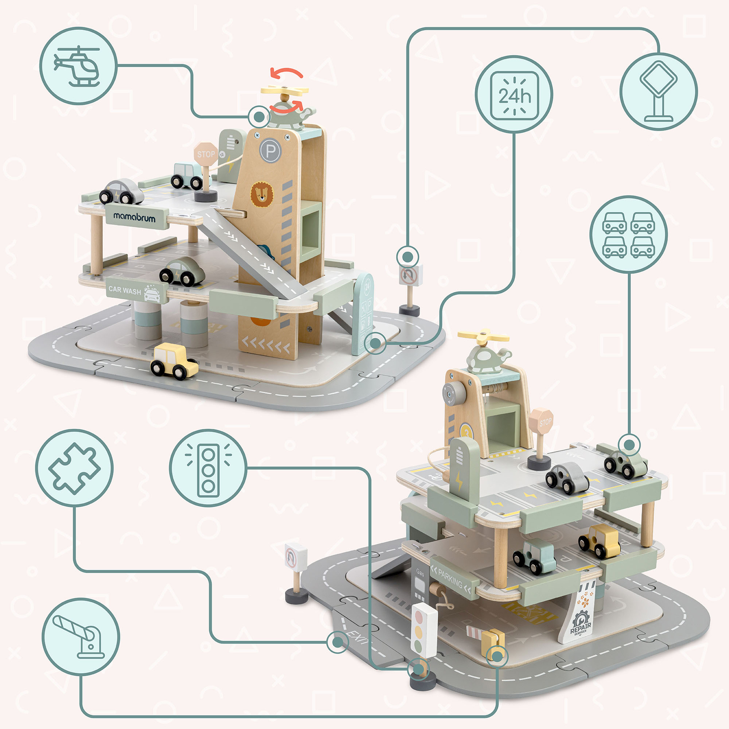 Trægarage i tre etager til børn med tilbehør – parkeringsplads, tankstation, bilvask, helikopter