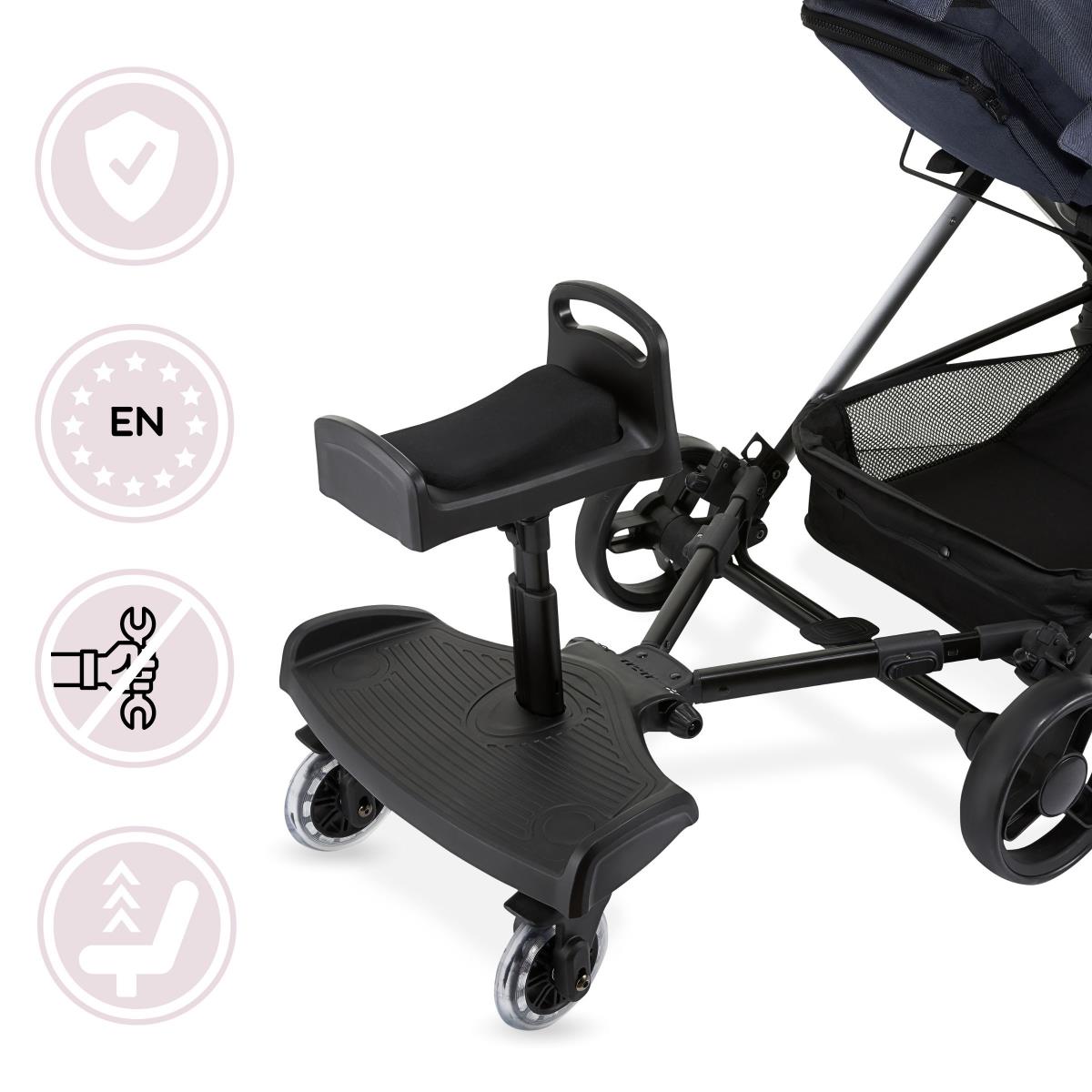 Barnevognsforlænger med justerbart sæde og universelt fastgørelsessystem - Moby-System BUGGY2GO