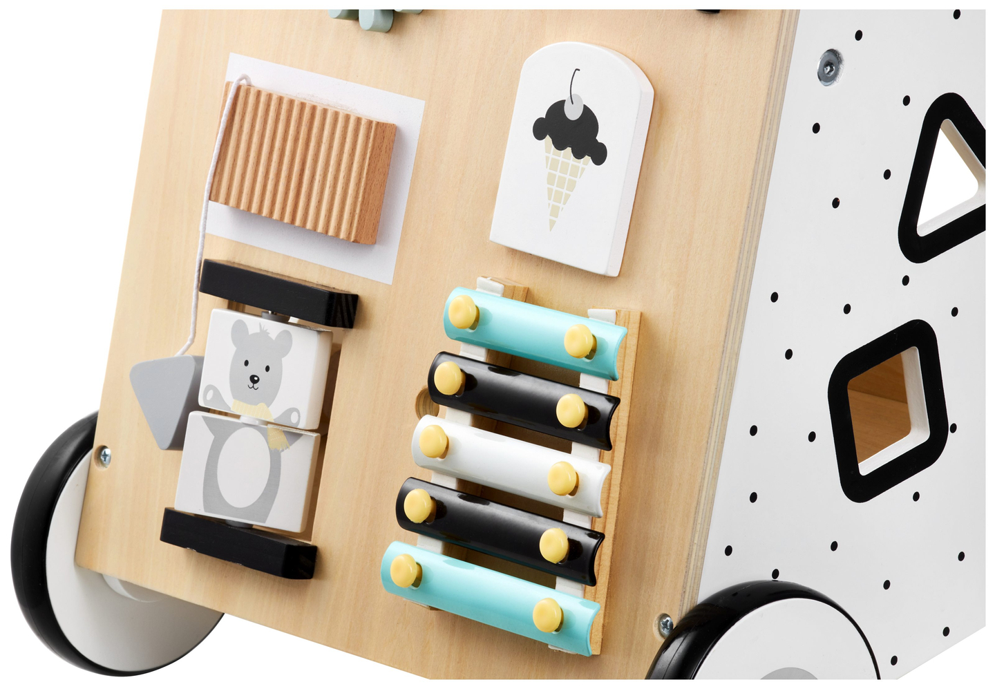 Træ, pædagogisk babywalker / klapvogn - manipulerende bræt