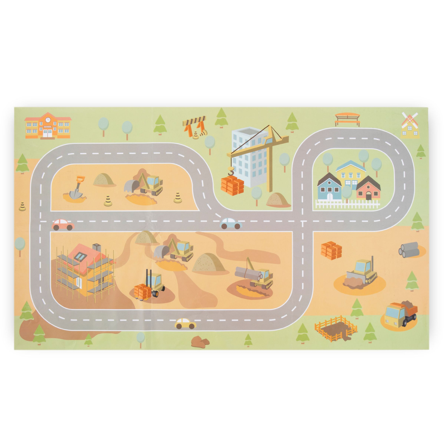 Byggeplads i træ med stor mobilkran og køretøjer, tårnkran