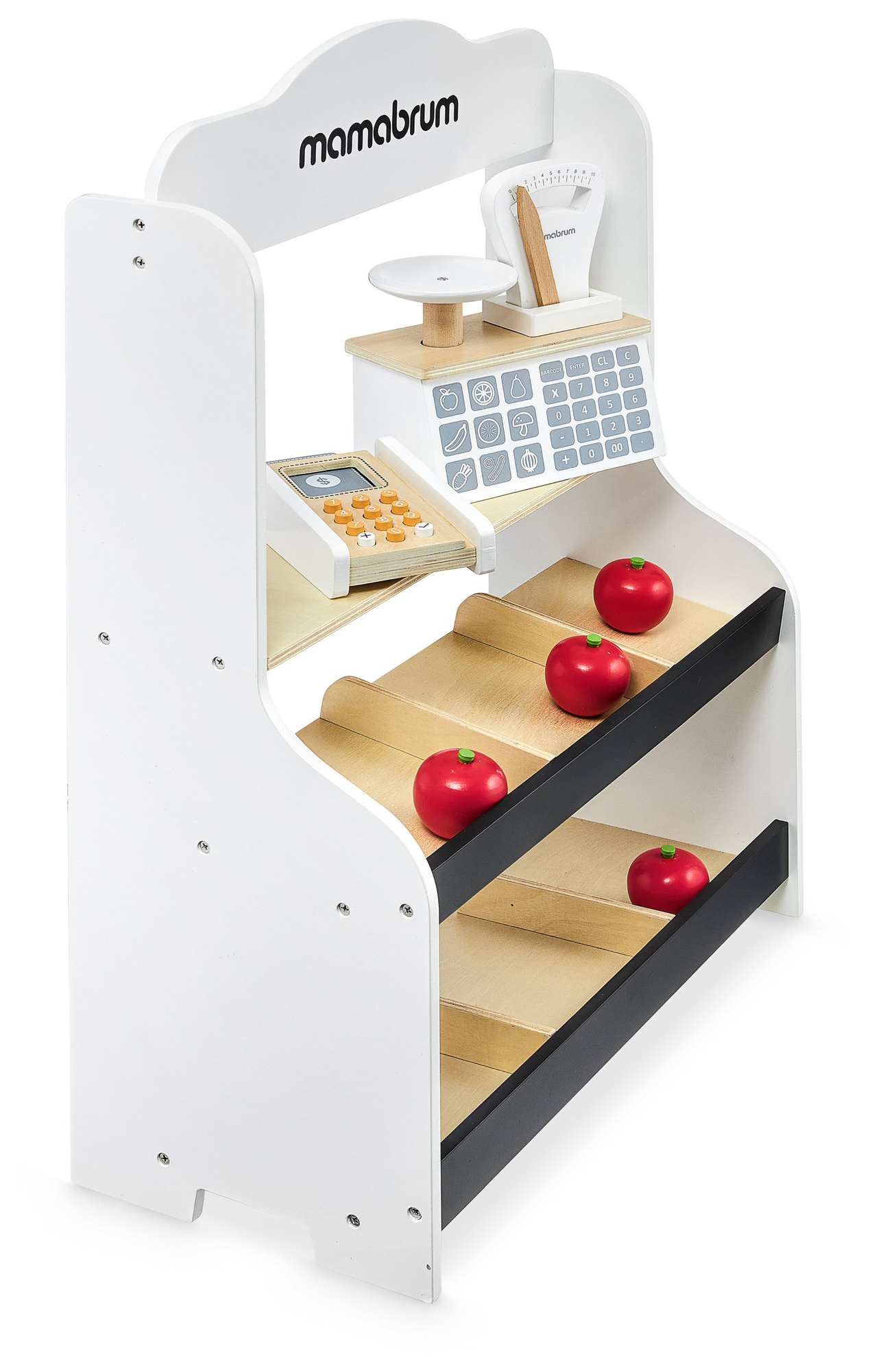 Minimarked - butik med vægte, terminal, betalingskort og frugt