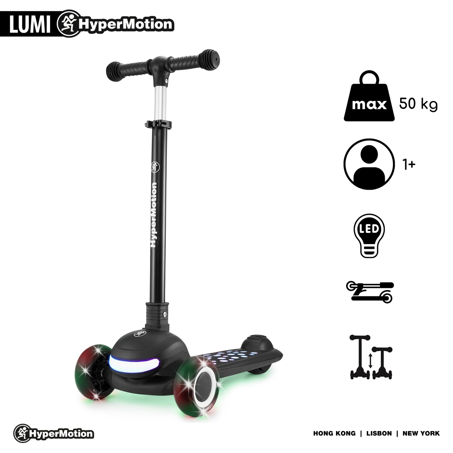 HyperMotion LUMI 3-i-1 balancescooter - oplyst platform og LED-hjul, sort farve