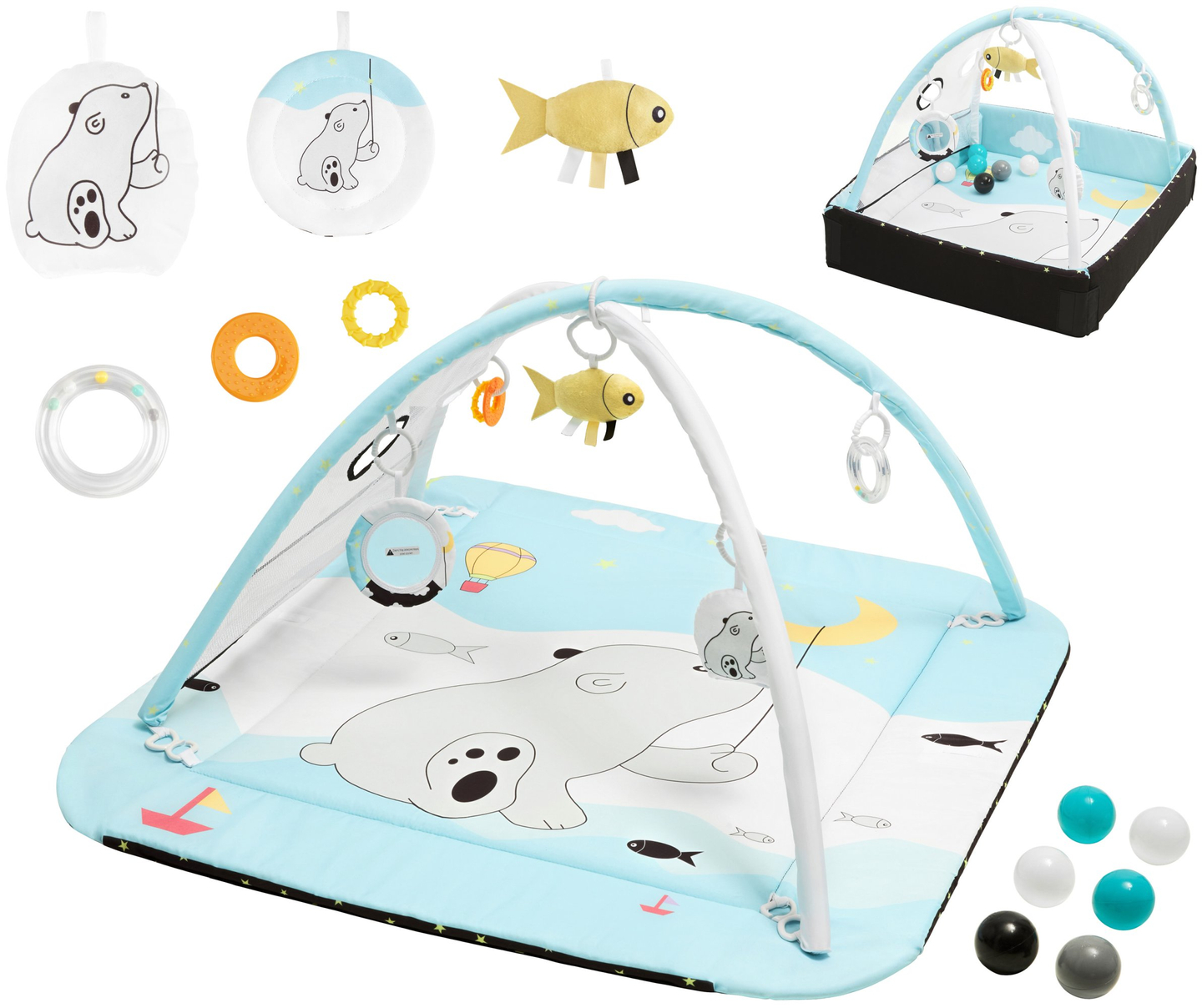 Legeplads + interaktiv legemåtte 5i1 med bolde - Moby-System BABY MAT ACTIVE GYM 0+