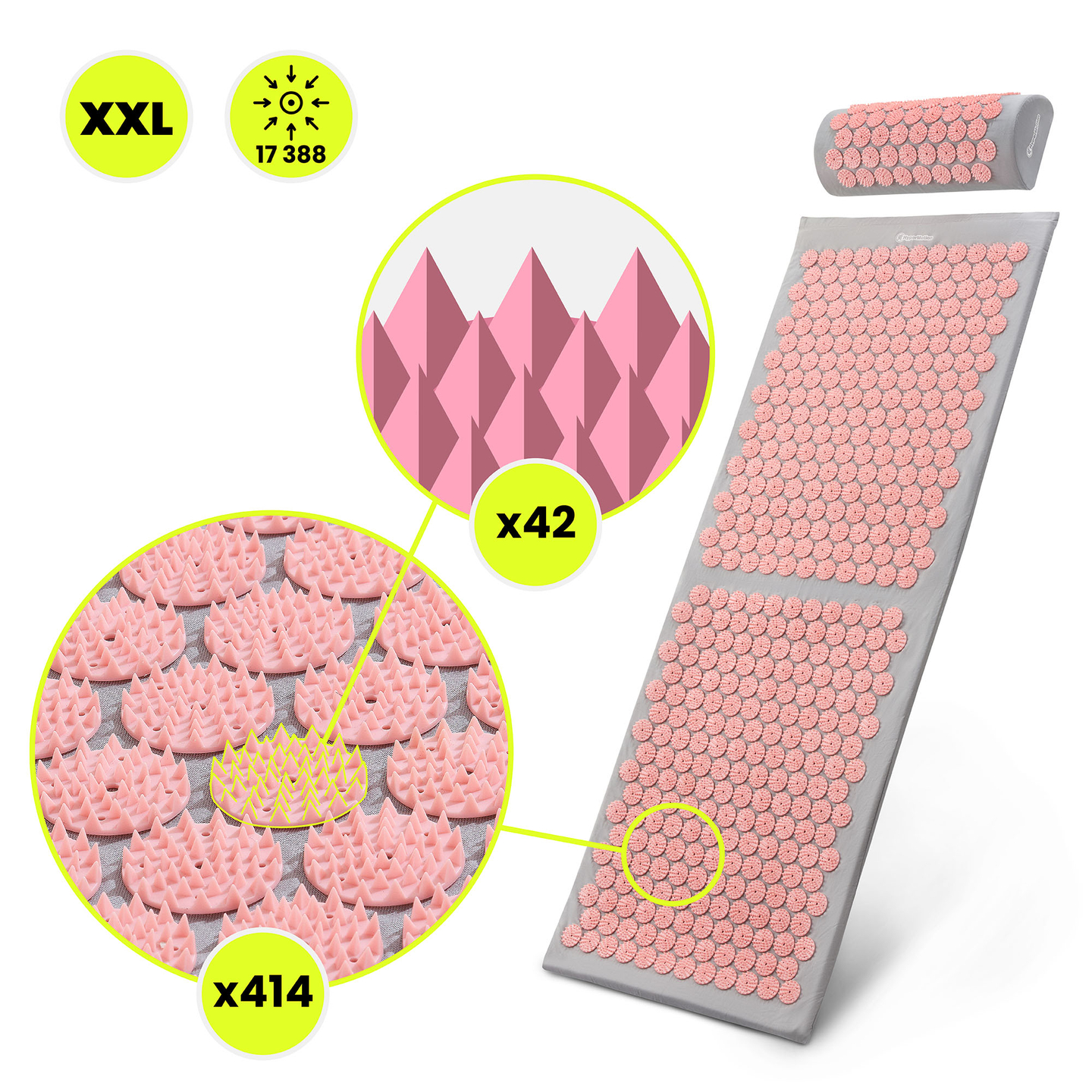 Stor akupressurmåtte med pude og betræk - 130 cm HyperMotion grå og pink