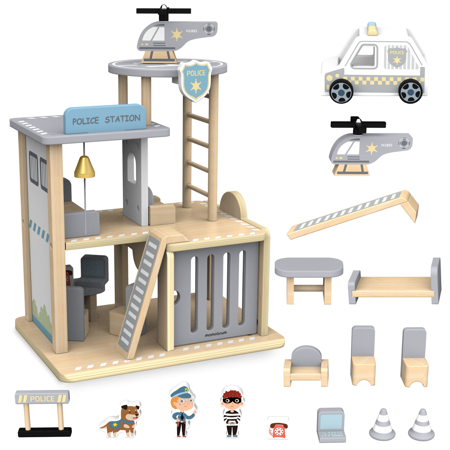 Politistation i træ med tilbehør