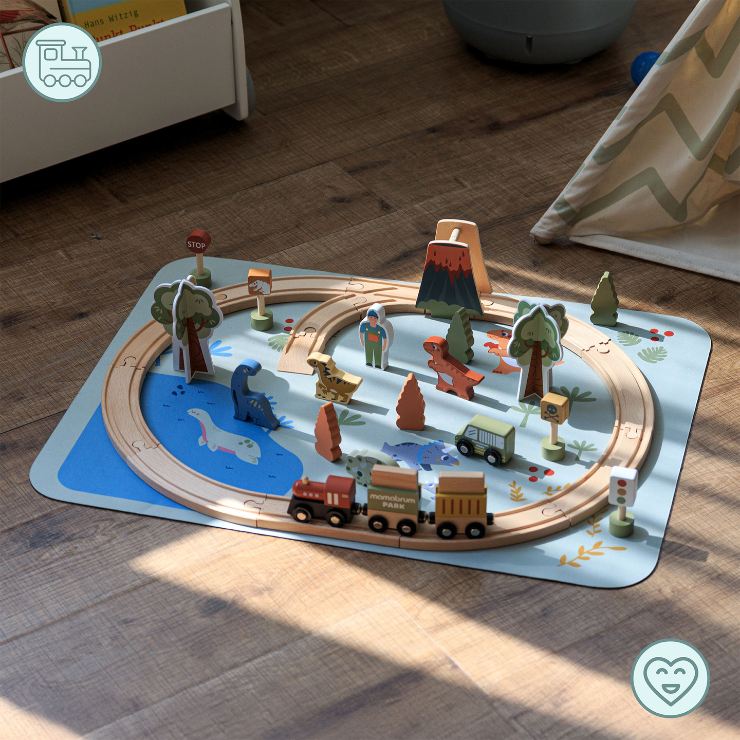 Dino Park trætog med skridsikker måtte - dinosaurer, tog, skinner, vulkan, klokke