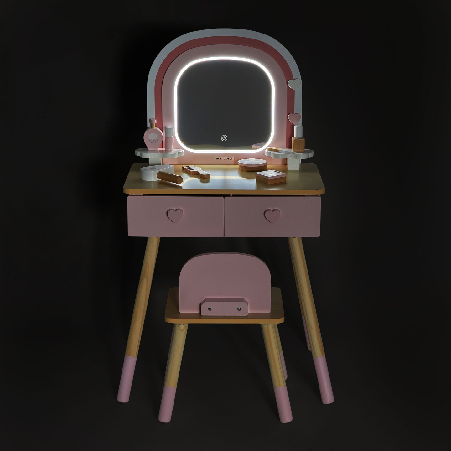 Træsminkebord til børn med LED-belysning med trinløs lysstyrkejustering, stol og tilbehør