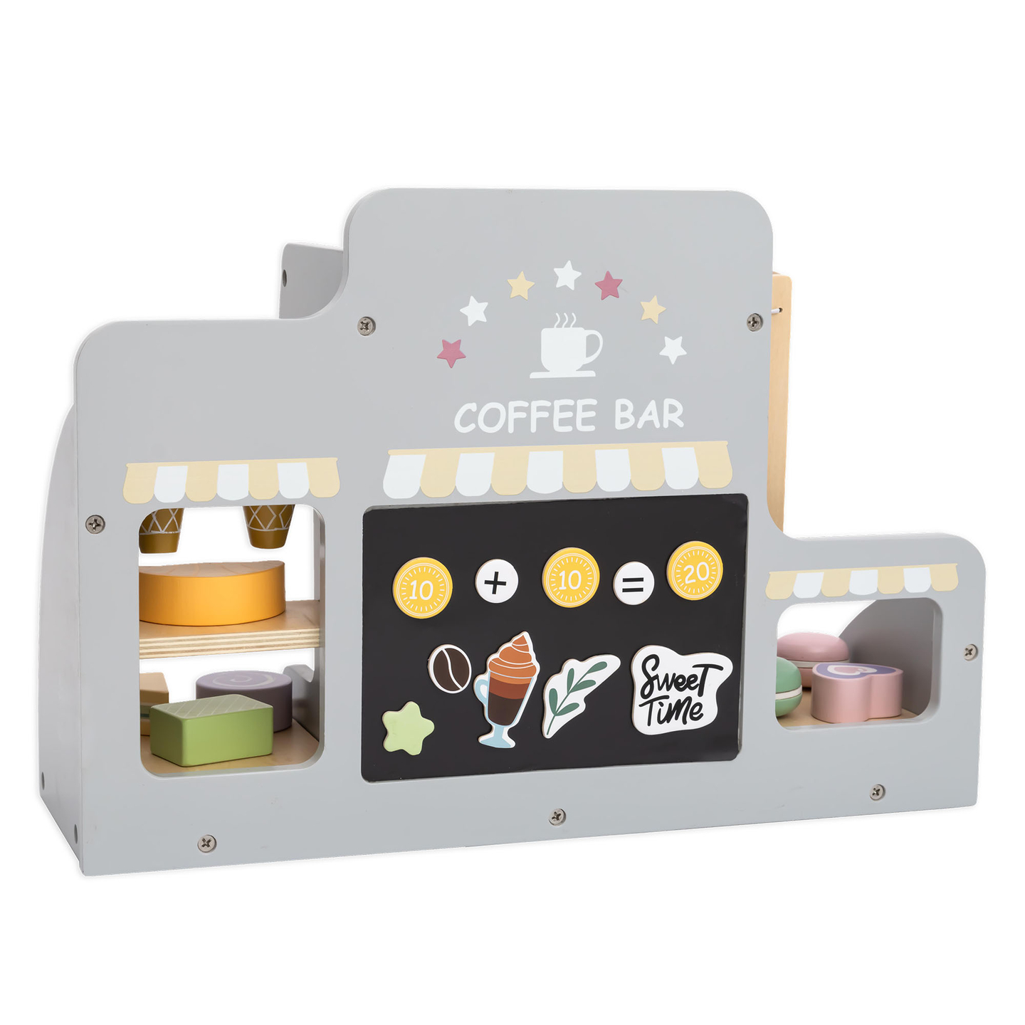 En stor isbar i træ med magnettavle, kaffemaskine og is- og dessertsæt - over 70 dele!