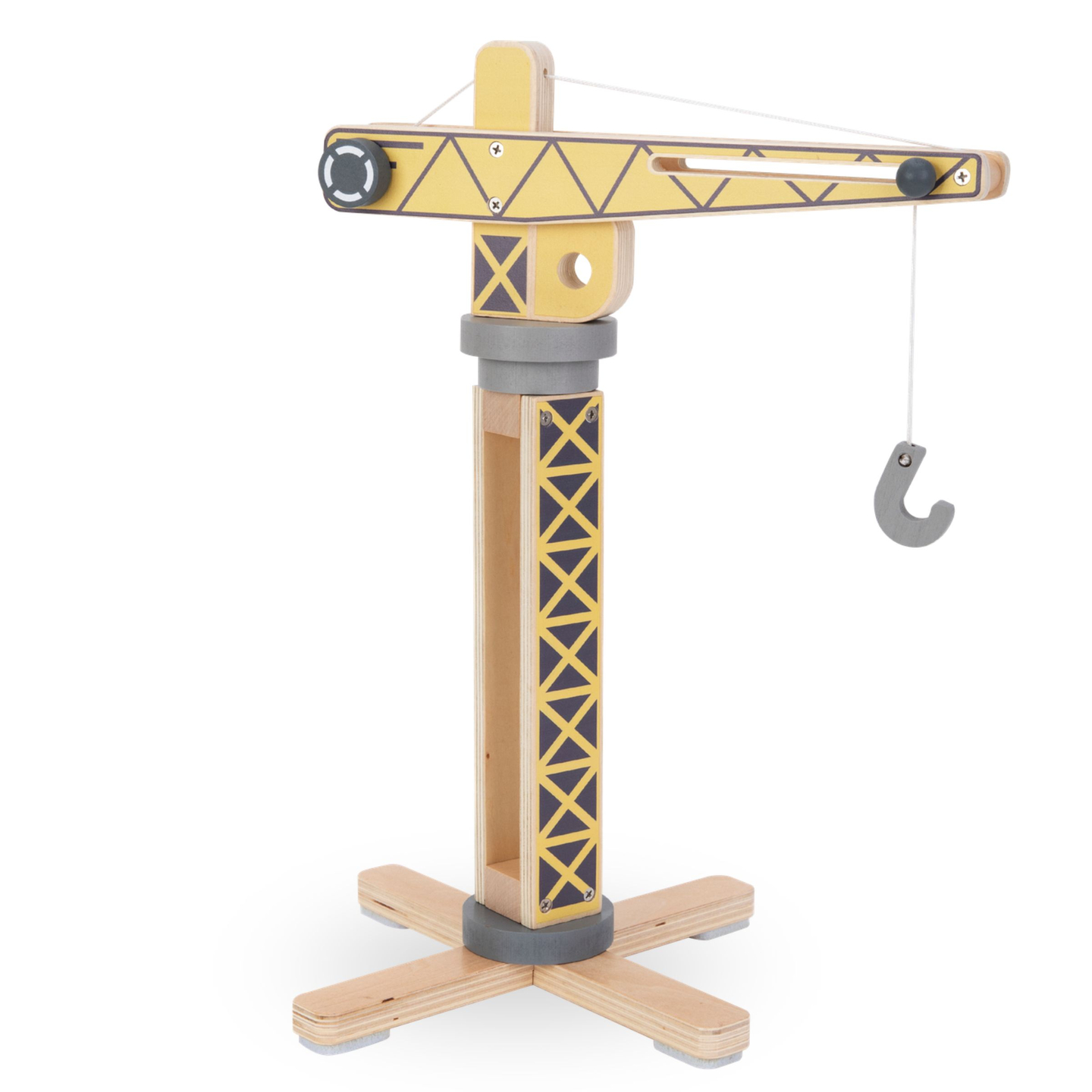 Byggeplads i træ med stor mobilkran og køretøjer, tårnkran