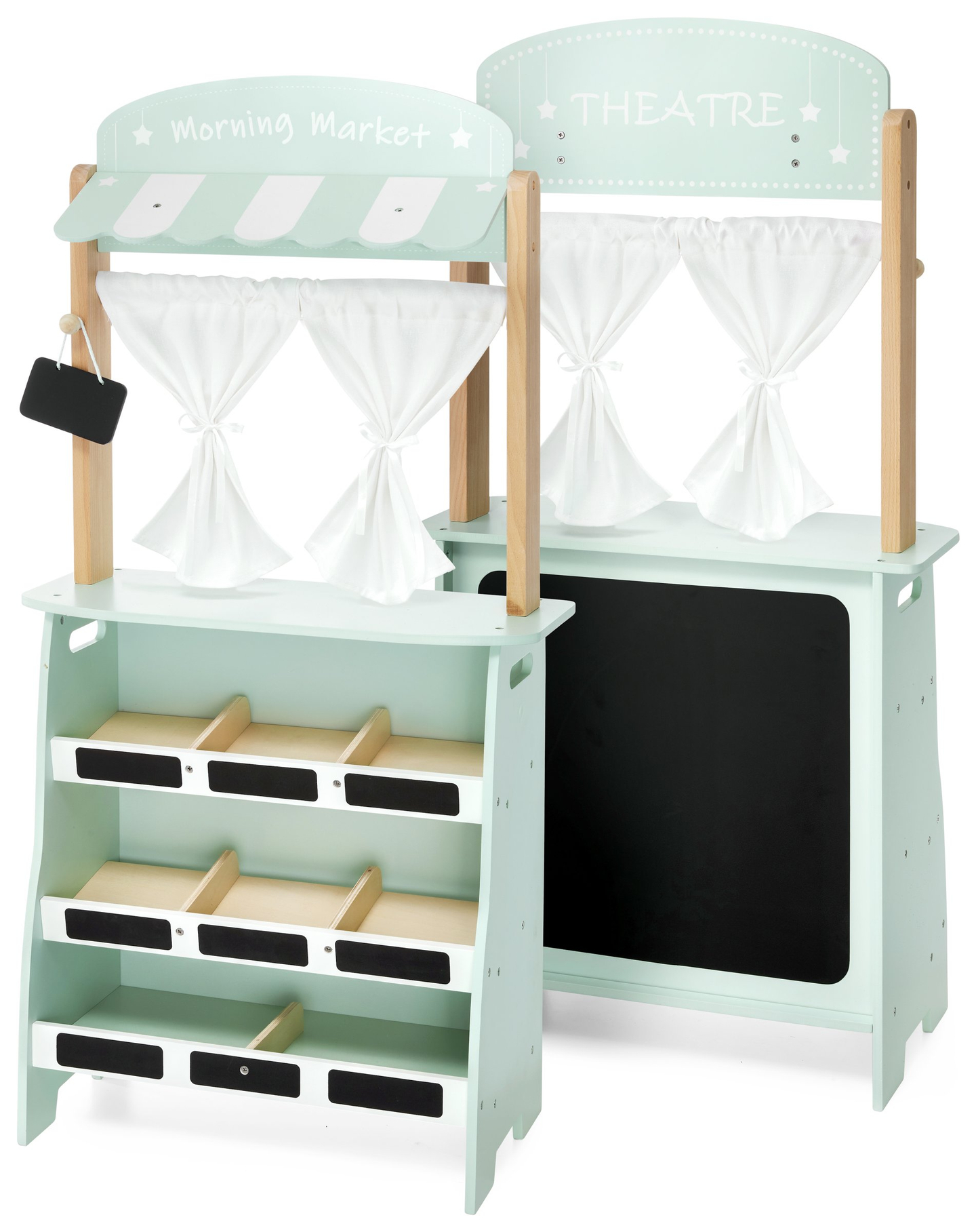 Stor træbutik - bod og teater 2 i 1 med vægt, betalingsterminal, frugt og grøntsager