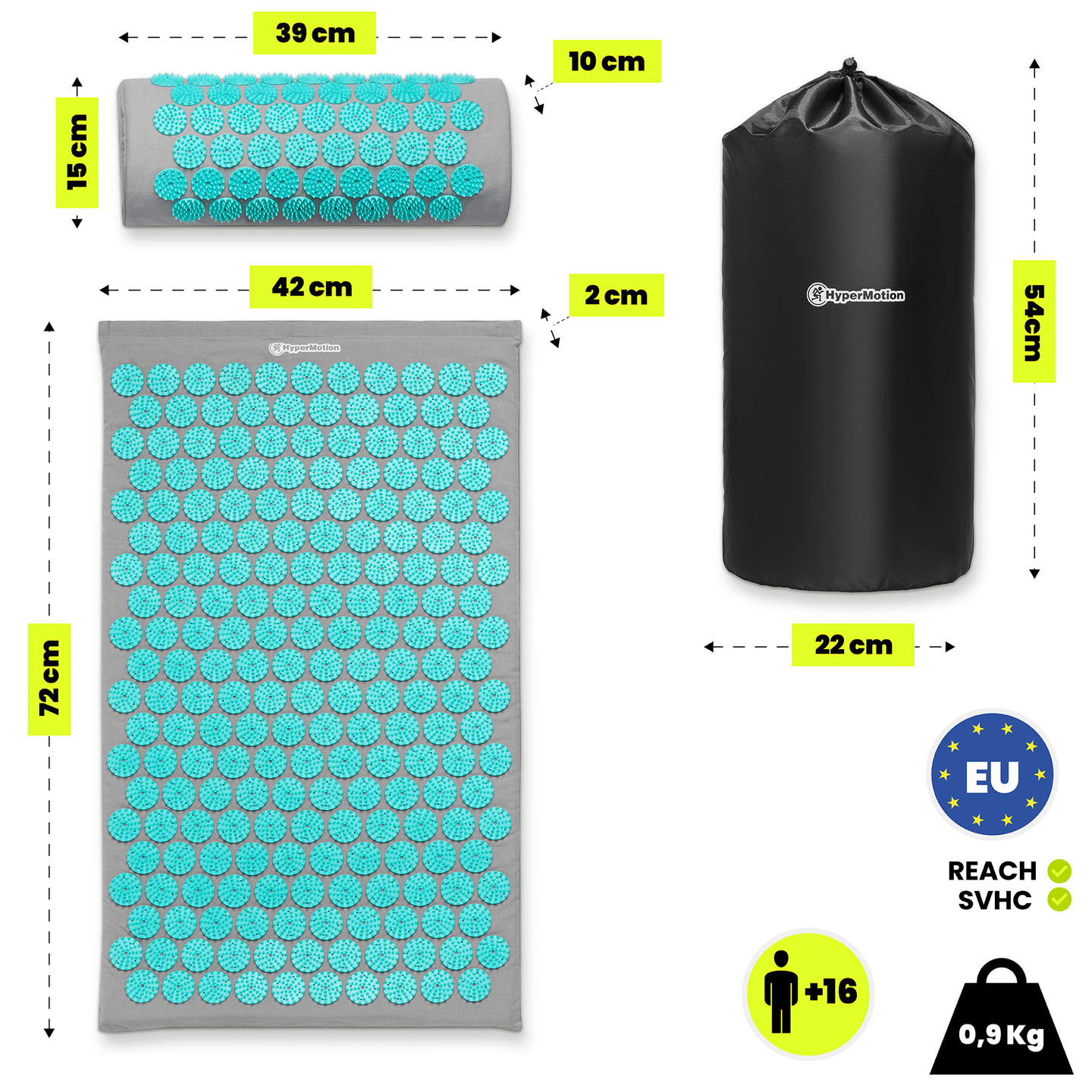 Akupressurmåtte med pude og betræk - 72 cm HyperMotion grå-mint