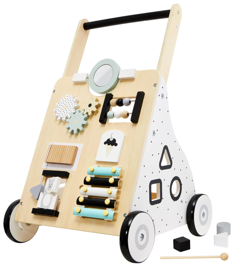 Træ, pædagogisk babywalker / klapvogn - manipulerende bræt