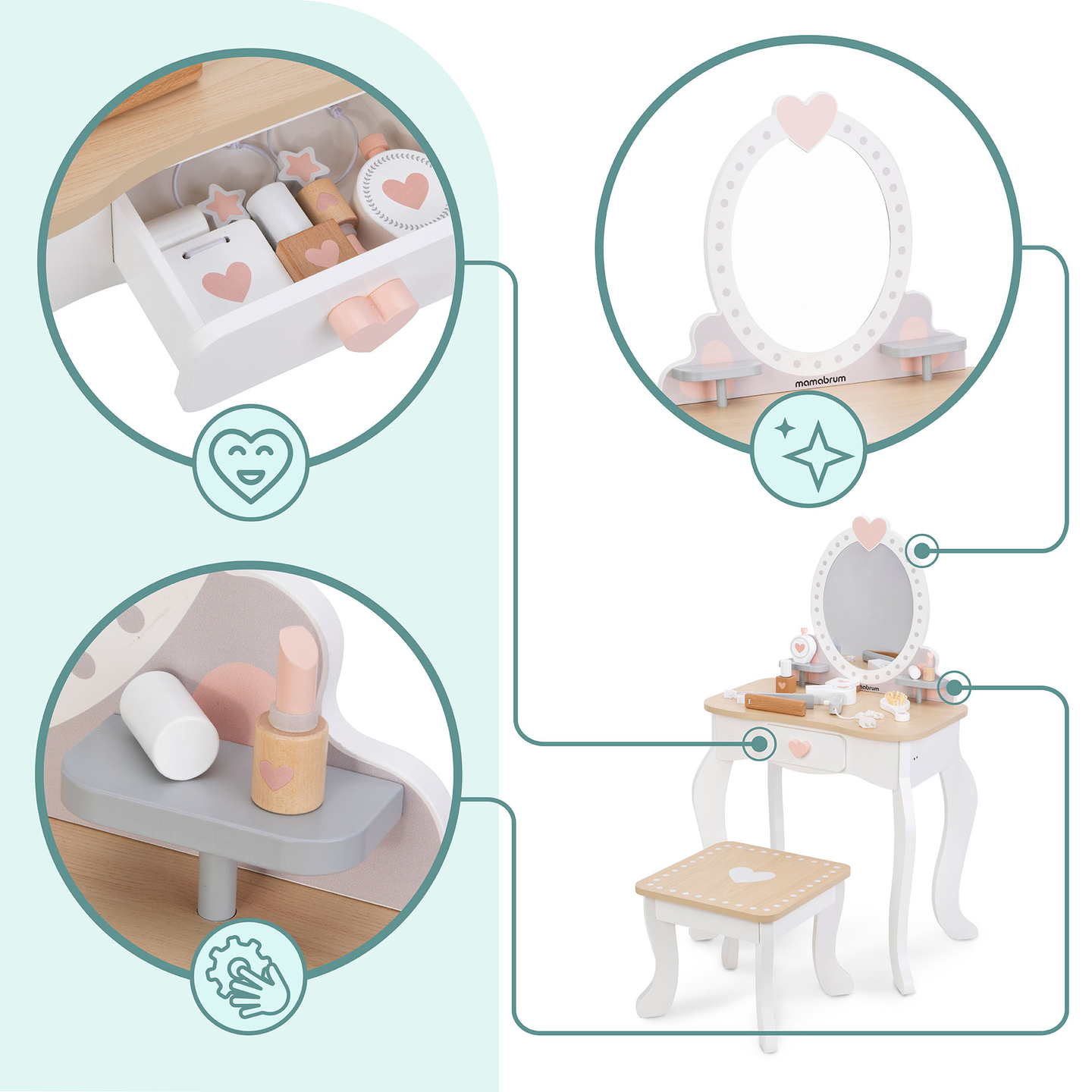 Toiletbord i træ med skammel og tilbehør