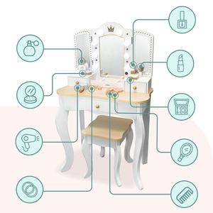 XXL toiletbord i træ med skammel og LED-belysning til børn + tilbehør