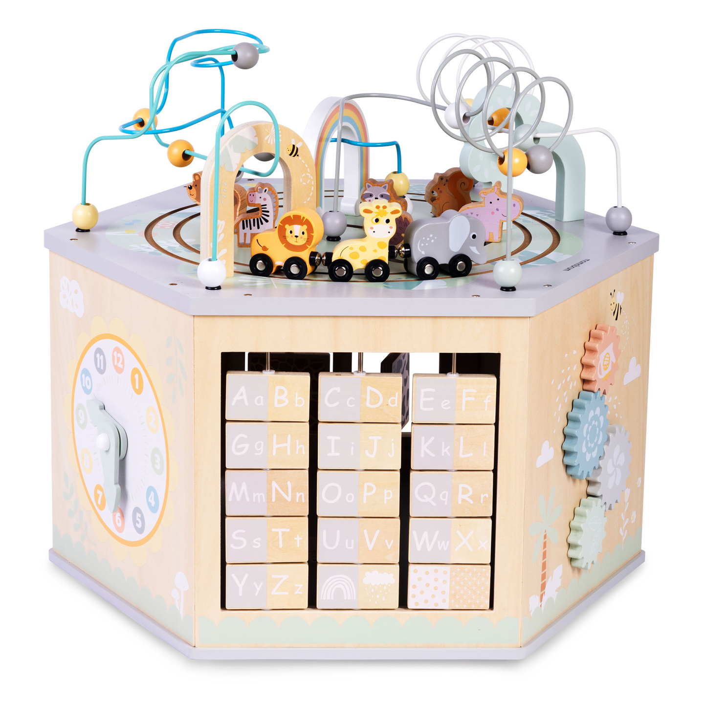 Stor træpædagogisk terning - et Montessori-legetøj med et magnetisk tog og motorløkker