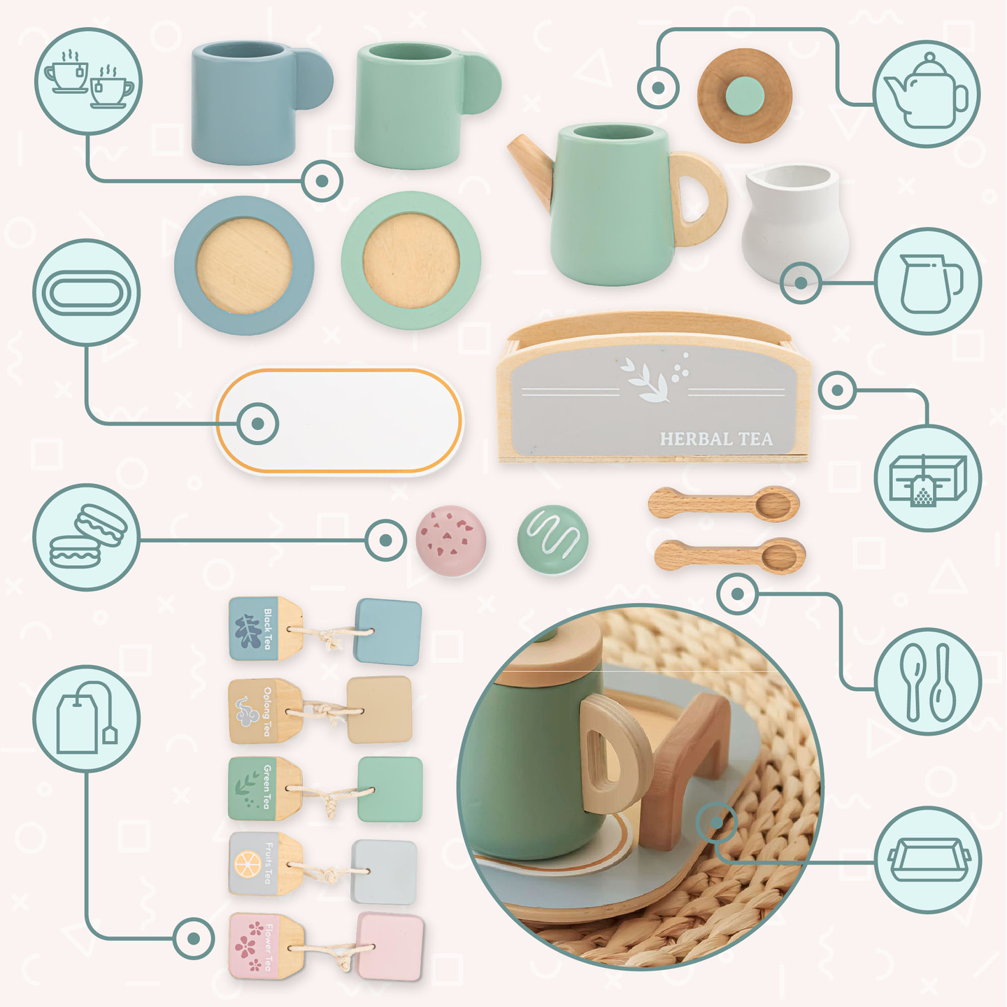 Stort tesæt i træ med bakke - 18 dele