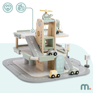 Trægarage i tre etager til børn med tilbehør – parkeringsplads, tankstation, bilvask, helikopter