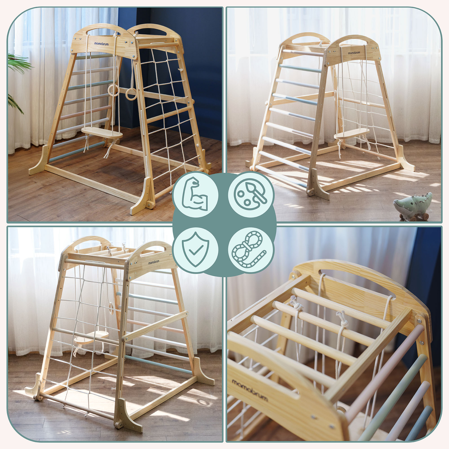 Indendørs legeplads i træ med gynge, gymnastikringe og klatrenet