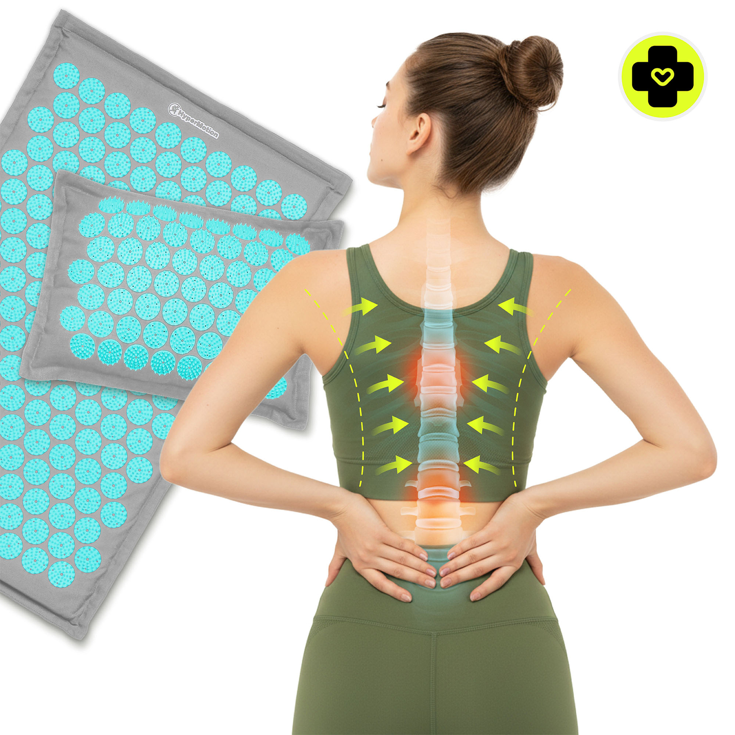 ECO akupressurmåtte i linned med kokosfibre og boghvedepude – 68 cm HyperMotion grå-mint