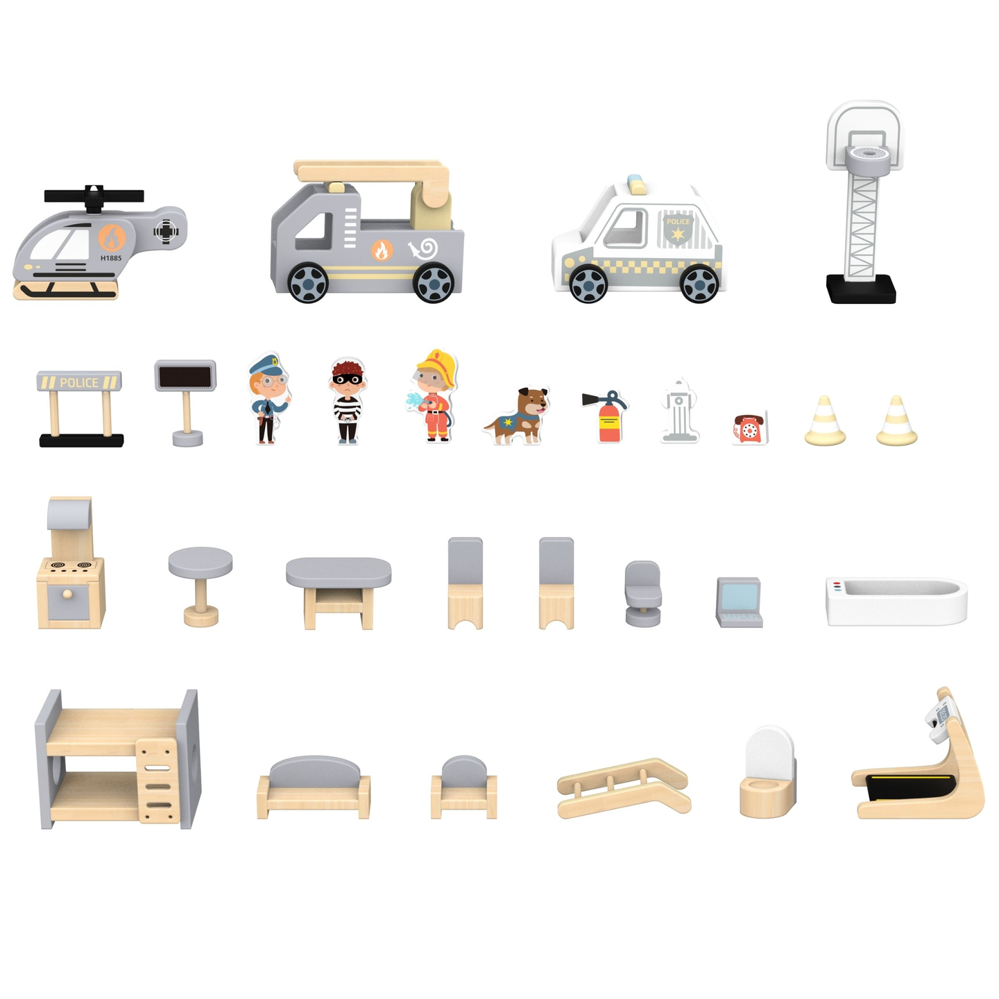 Stor sammenklappelig brandstation med politistation - sæt i træ. Brandstation og politistation med tilbehør.