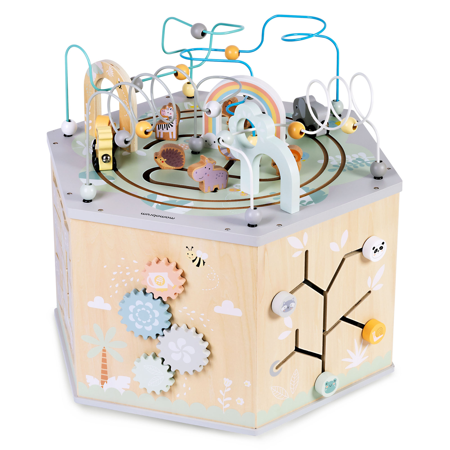 Stor træpædagogisk terning - et Montessori-legetøj med et magnetisk tog og motorløkker