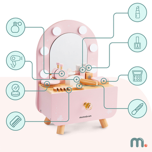 Mini-sminkebord i træ til børn med tilbehør og LED-belysning med trinløs lysstyrkejustering