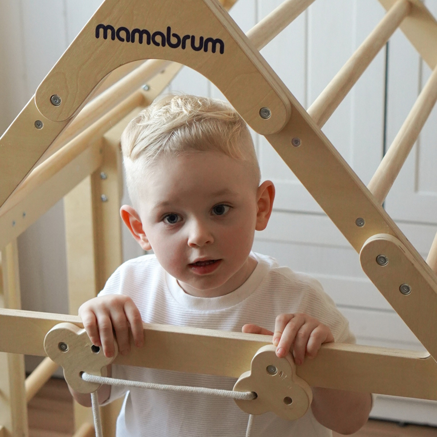 Indendørs trælegeplads til børn - et hus med stiger og rutsjebane